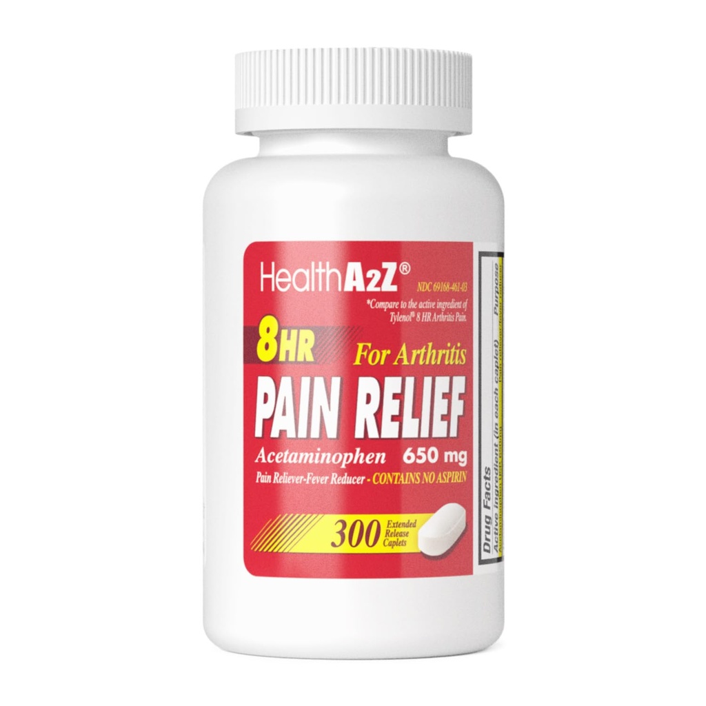 HealthA2Z® Pain Relief Extended Release, Acetaminophen 650mg, 8 Hour Pain Reliever, Fever Reducer, Arthritis Pain, Aspirin Free, Dye Free, 300 Caplets