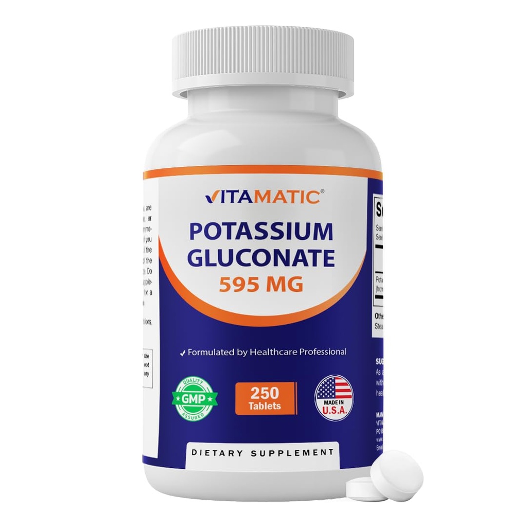 Vitamatic Potassium Gluconate 595 mg – Supports Heart, Muscle & Electrolyte Balance – 250 Tablets – Non-GMO, Made in USA