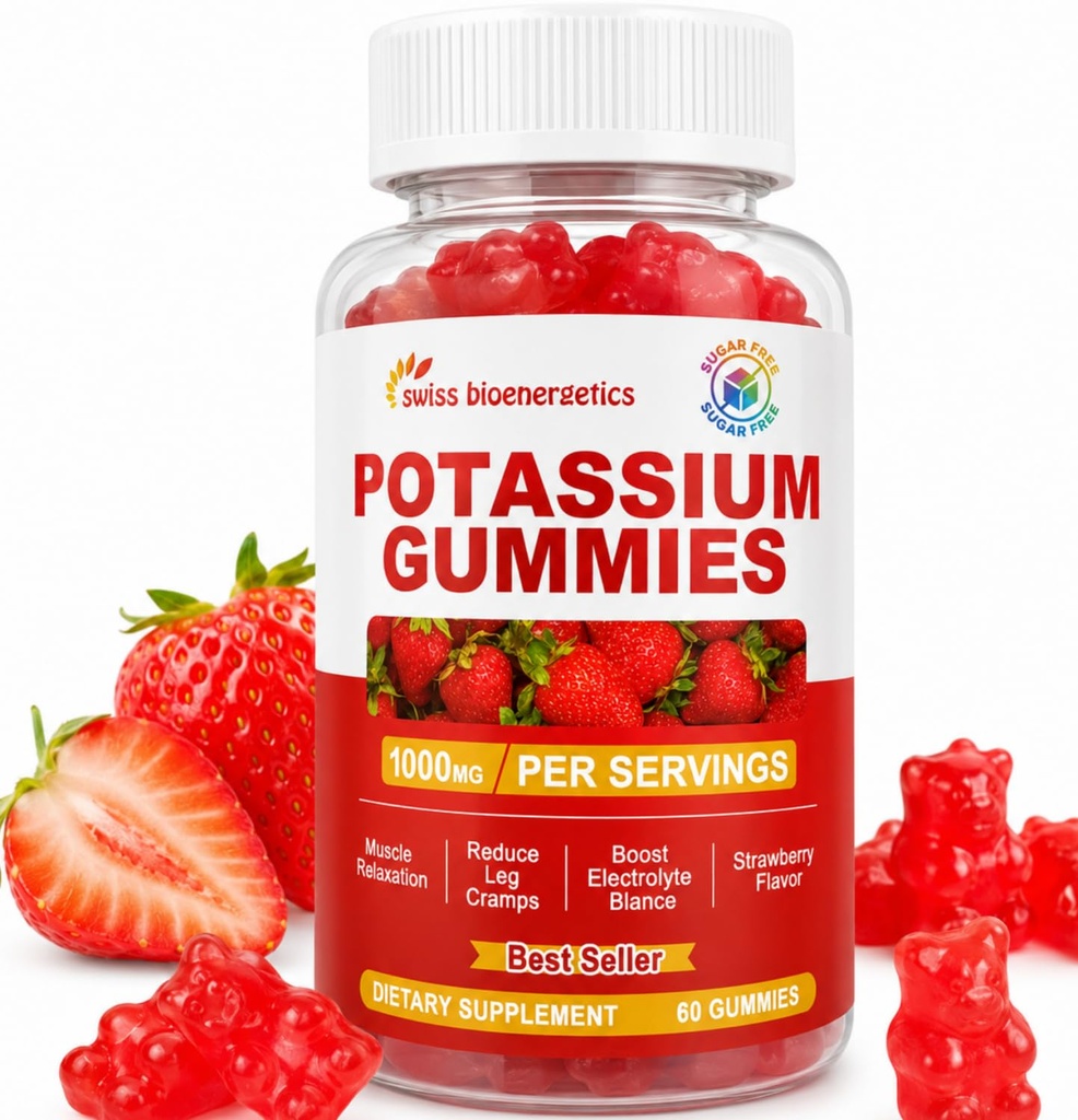 Potassium Bicarbonate Gummies 1000mg, Sugar Free Potassium Gummies, Strawberry Flavor, Potassium Supplement for Men & Women, Vegan, Non-GMO, Gluten Free, Soy Free, 60 Count