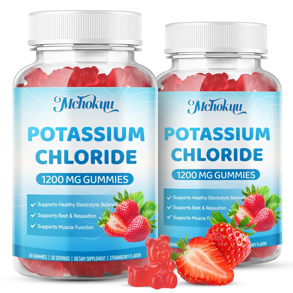 Potassium Chloride Gummies 1200mg for Adults & Kids | Sugar-Free Potassium Supplement Supports Muscle Function, Rest & Electrolyte Balance for Women & Men, Strawberry Flavor, 120 Count