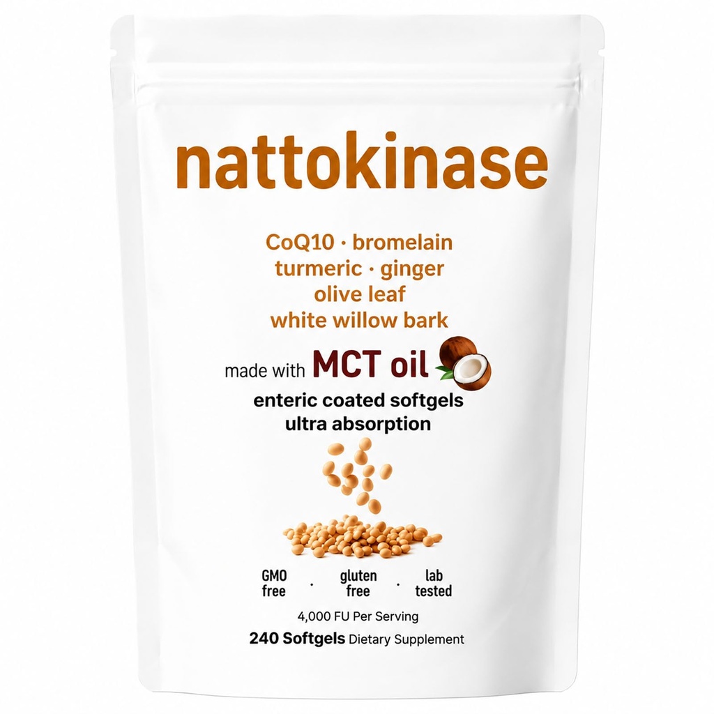 Nattokinase 10,800 FU Daily Supplement – 7-in-1 Circulation Support Formula with CoQ10, Bromelain, Turmeric, Ginger, White Willow Bark – Enteric Coated Softgels, Non-GMO, Gluten Free, 240 Softgels