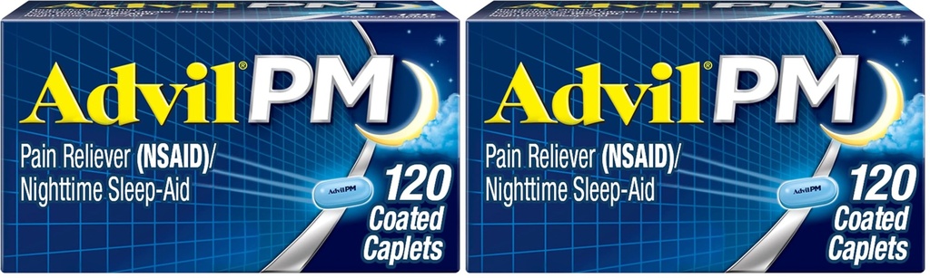 Advil PM Pain Reliever and Nighttime Sleep Aid, Pain Medicine with Ibuprofen for Pain Relief and Diphenhydramine Citrate for A Sleep Aid - 120 Coated Caplets (Pack of 2)
