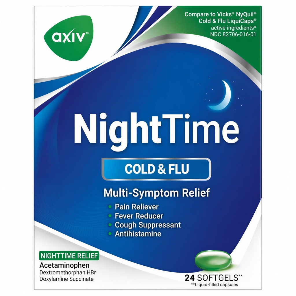 AXIV Nighttime Cold & Flu Relief Softgels, Multi-Symptom Nighttime Relief for Headache, Fever, Sore Throat, Minor Aches and Pains, Sneezing, Runny Nose, and Cough 24 Count