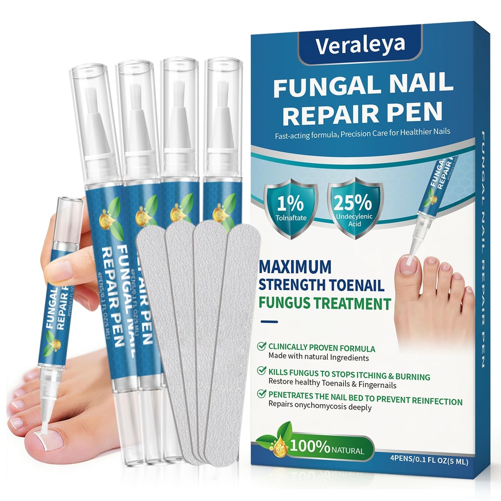 Nail Fungus Pen - Maximum Strength Toenail Fungus Treatment with 25% Undecylenic Acid for Repairs Damaged, Discolored, Brittle & Ingrown Nails - 4 Pens(20 ML Volume) with 4 Nail Files-01
