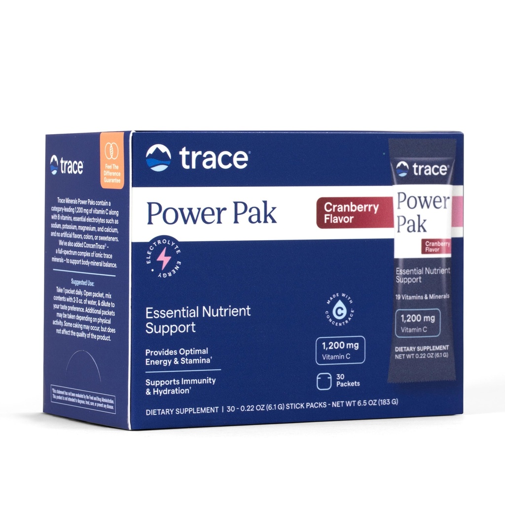 Trace Minerals Power Pak Multivitamin and Multimineral Packets - Ηλεκτρολύτη Υποστήριξη - 1200 mg Βιταμίνη C συν 70+ Trace Minerals - Cranberry Flavor - 30 Packets