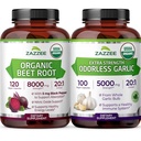 Zazzee Herbal B Pressure Support Bundle | 20:1 USDA Organic Garlic Capsules Plus 20:1 Organic Beet Root Capsules | Non-GMO Vegan & ISO Lab Tested