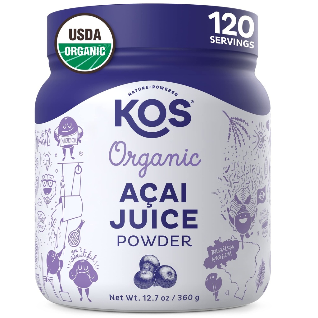 KOS Organic Acai Juice Powder - USDA Certified Organic, Plant Based Superfood Antioxidants, Superberry from Brazil, Great for Smoothies and Bowls, 0g Sugar, Vegan, Gluten-free, Non-GMO - 120 Servings
