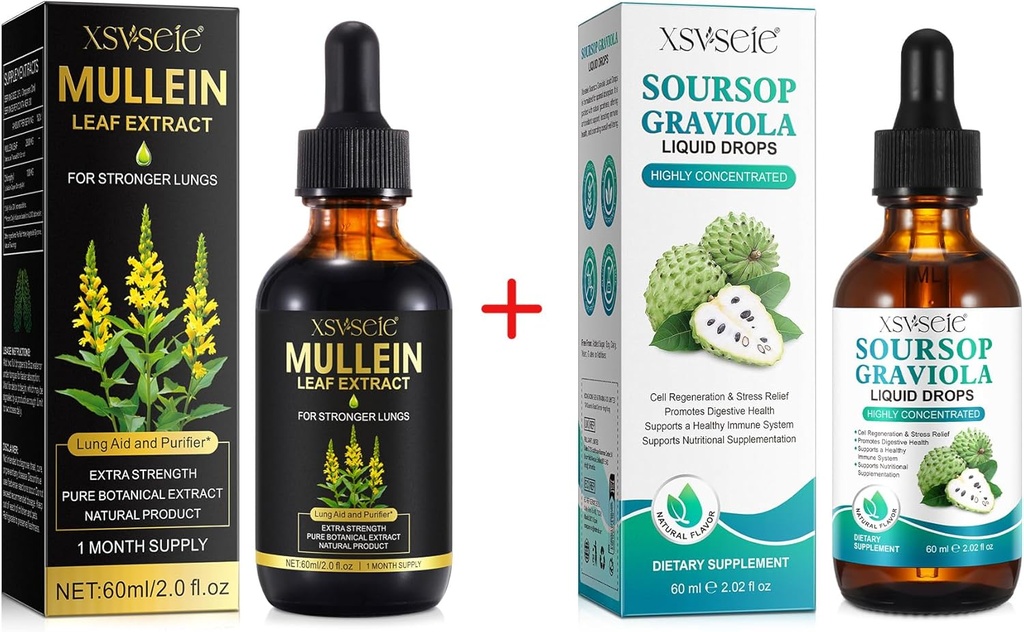 Mullein Drops for Lungs Cleans and Soursop Bitters Liquid, Mullein Leaf Extract Βάμμα με χλωροφύλλη, Soursop Πολυβιταμίνες, Φυσικό συμπλήρωμα βοτάνων για άνδρες και γυναίκες