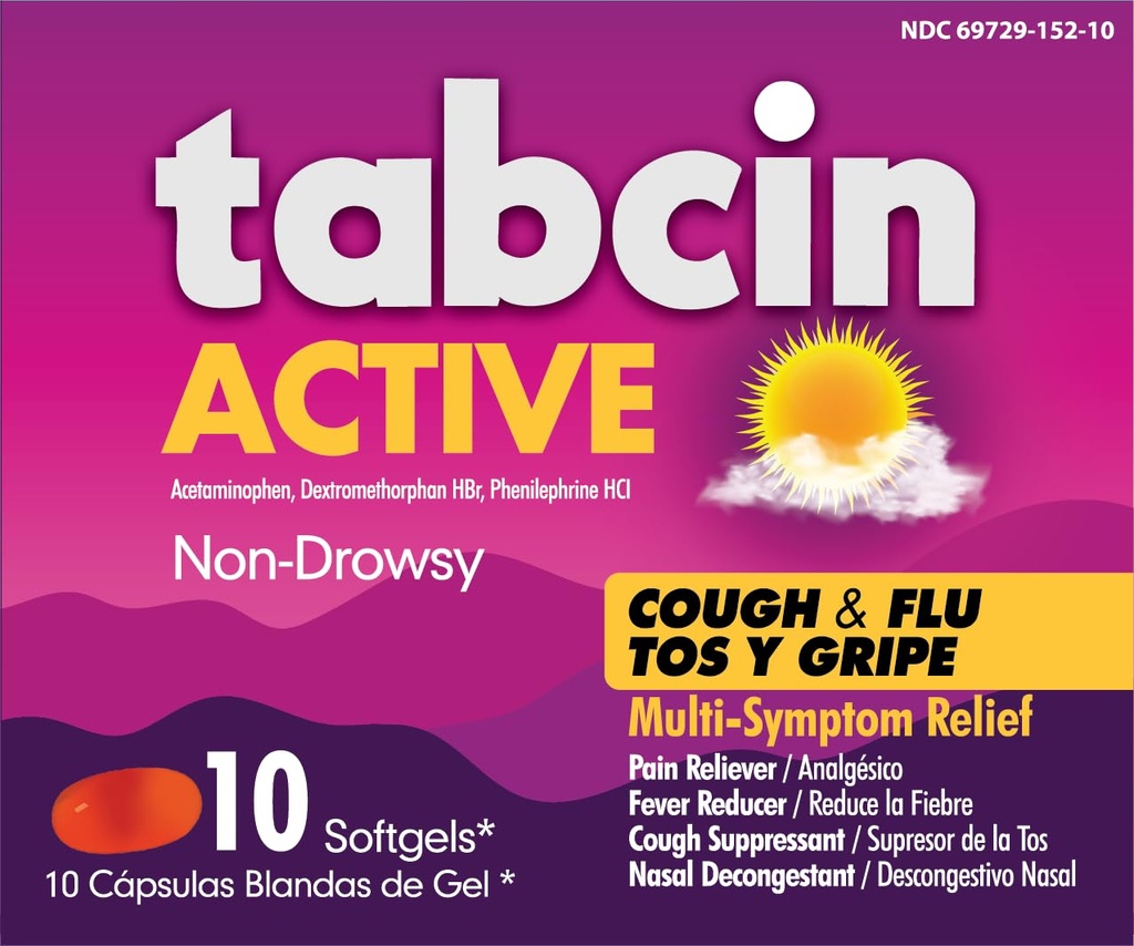 tabcin Active Cough & Flu Multi-Symptom Relief Softgels, Cold & Flu Symptom Support Daytime Formula, 10 Softgels (Pack of 1)