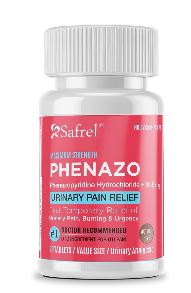 Safrel Urinary Pain Relief | UTI Relief | Fast Acting | Bladder Discomfort & Pain Relief | Phenazopyridine Hydrochloride 99.5mg (28 Count)