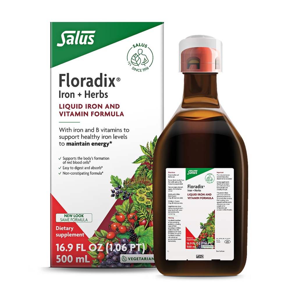 Floradix Iron & Herbs - Υγρό βοτανικό συμπλήρωμα για την υποστήριξη της ενέργειας - Συμπλήρωμα σιδήρου με βιταμίνη C & βιταμίνη Β Complex - για άνδρες & γυναίκες - 16.9 fl oz