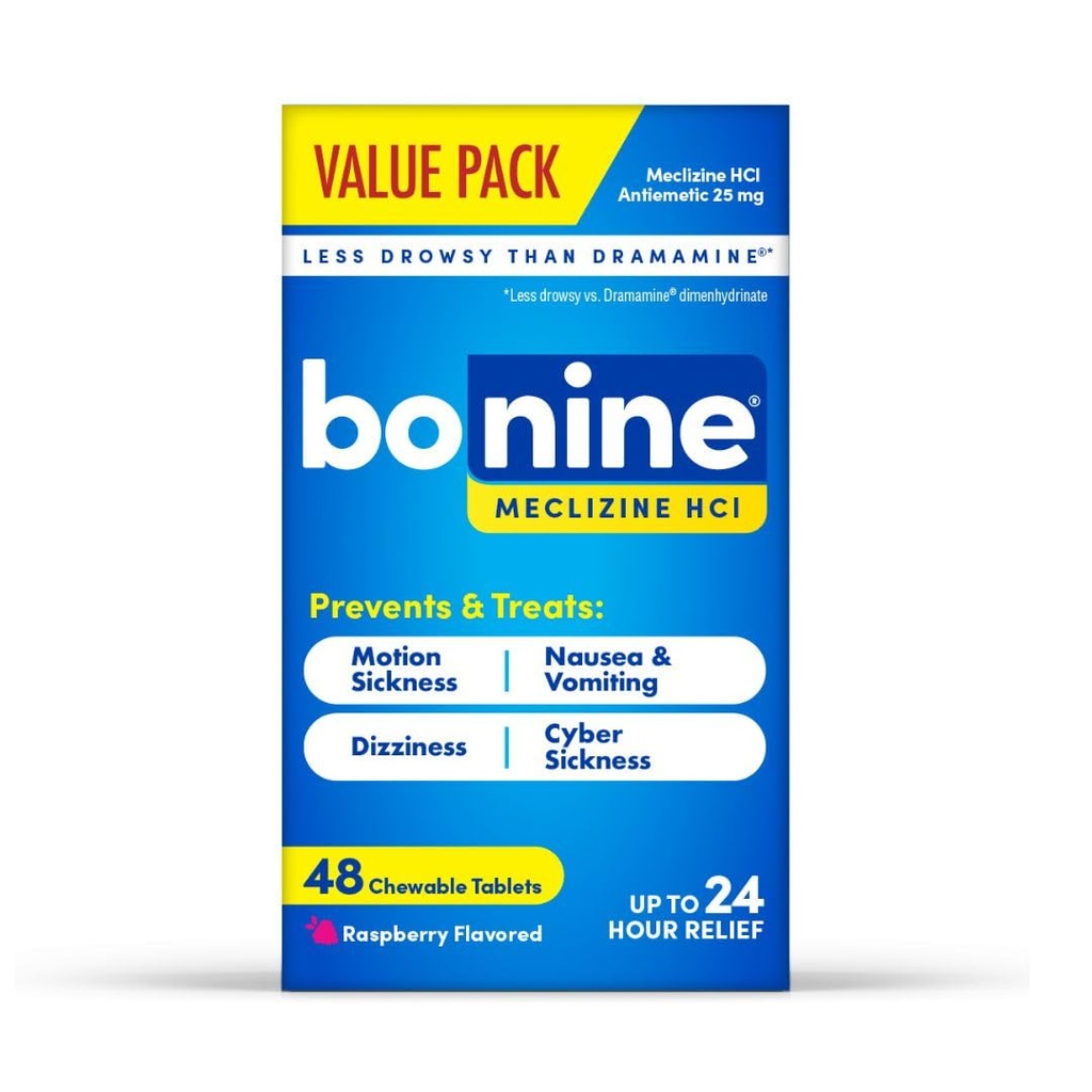 Bonine 48 ct. Non Drowsy Motion Sickness Relief, Sea Sickness, Car Sickness, Nausea, & Vomiting - Meclizine HCI 25mg, Travel-Sized - Raspberry Chewable Tablets