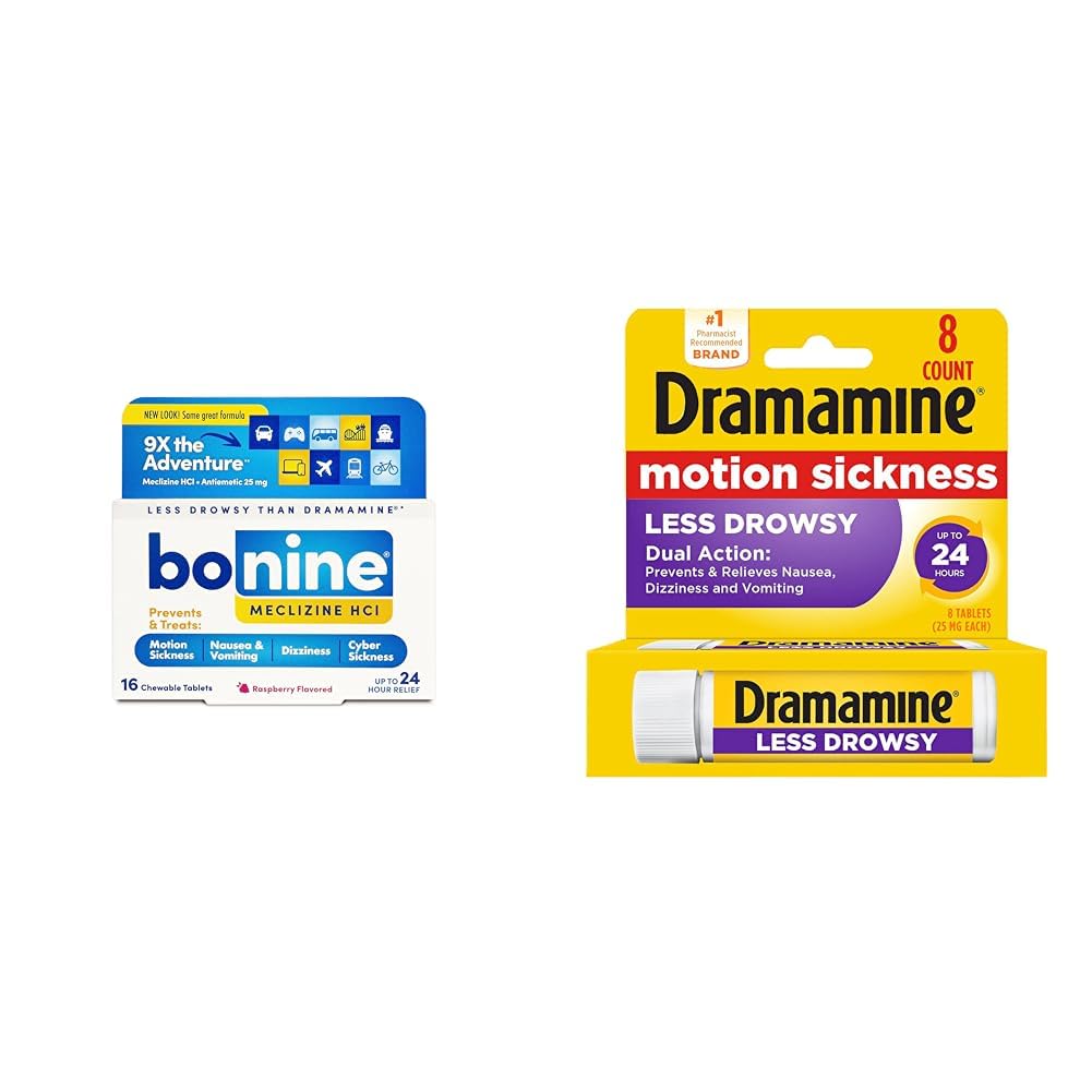 Bonine Non-Drowsy for Motion Sickness Relief, Sea Sickness, Car Sickness, Nausea and Vomiting & Dramamine Motion Sickness Relief Less Drowsey Formula, 8 Count