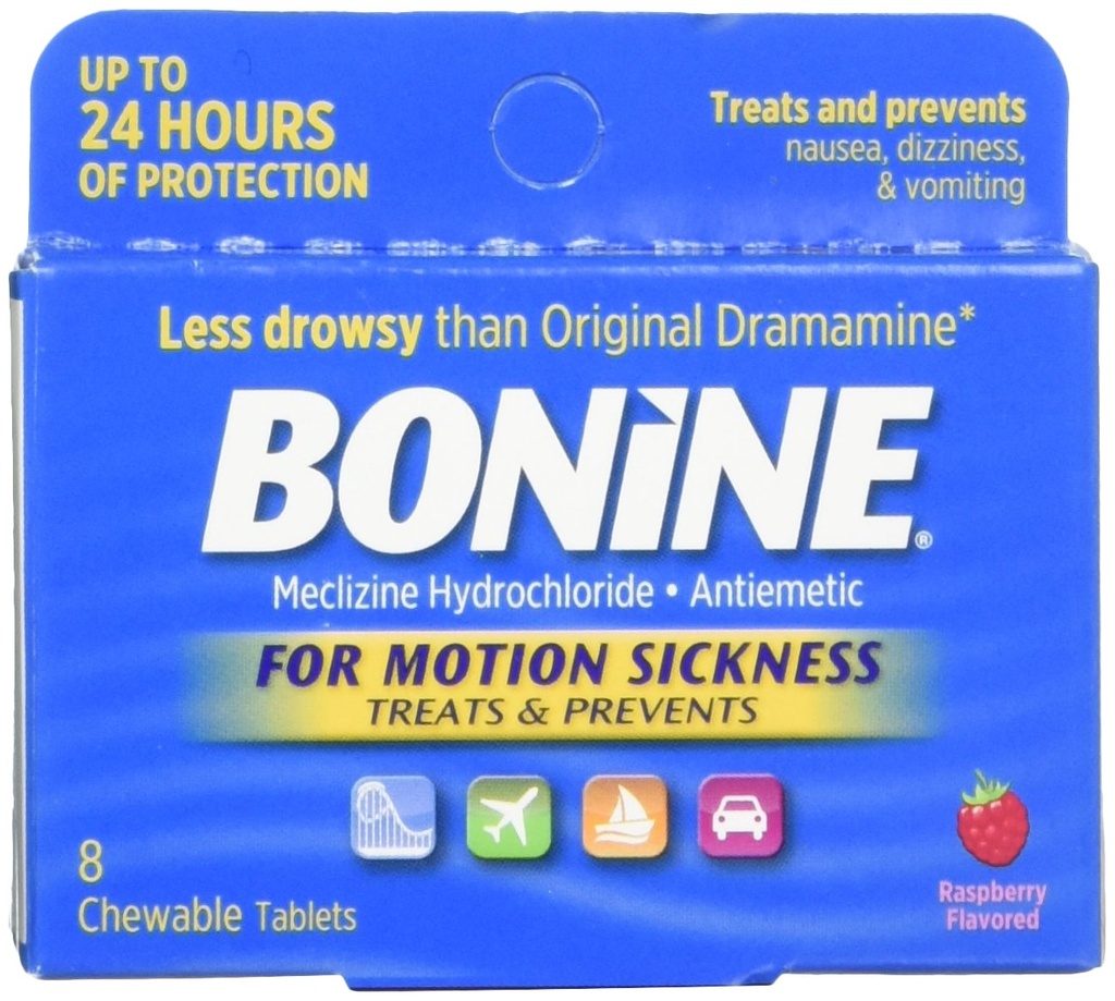 Dramamine Motion Sickness Relief Less Drowsy 8 Count and Bonine Motion Sickness Raspberry Chewable Tablets 8 Each Bundle