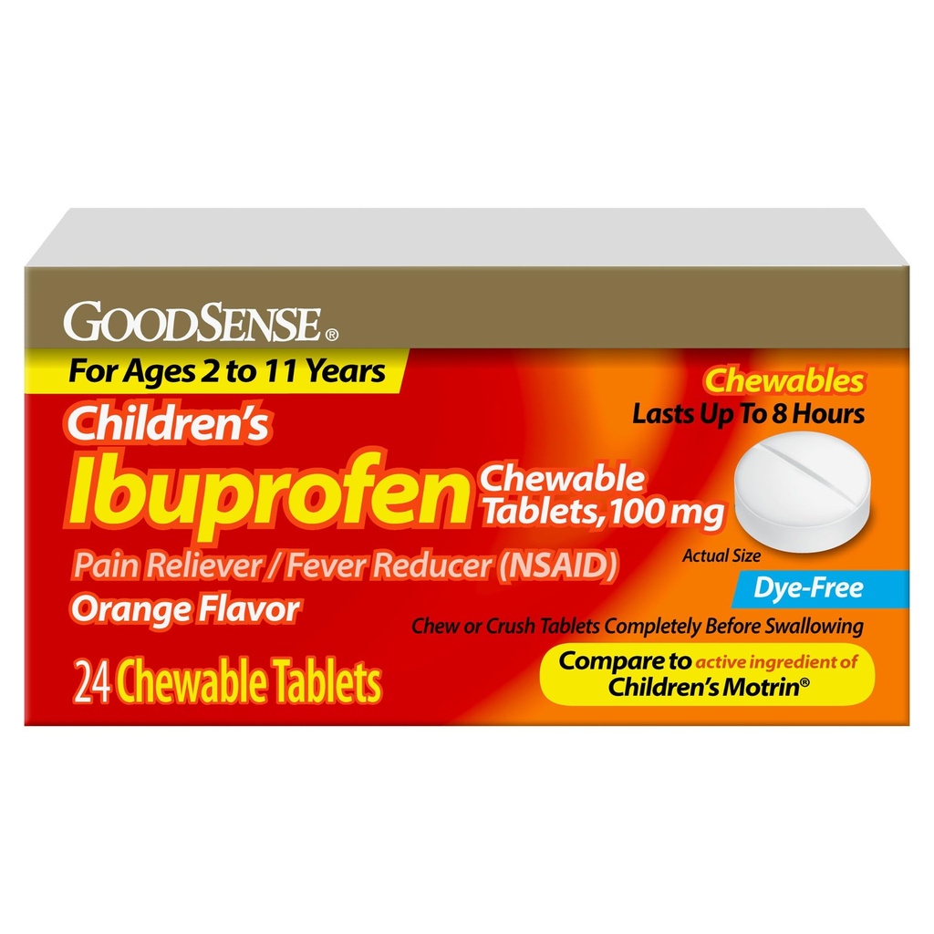Childrens Ibuprofen Chewable Tablets, 100 mg, Orange Flavor, Pain Reliever and Fever Reducer, 24 Count