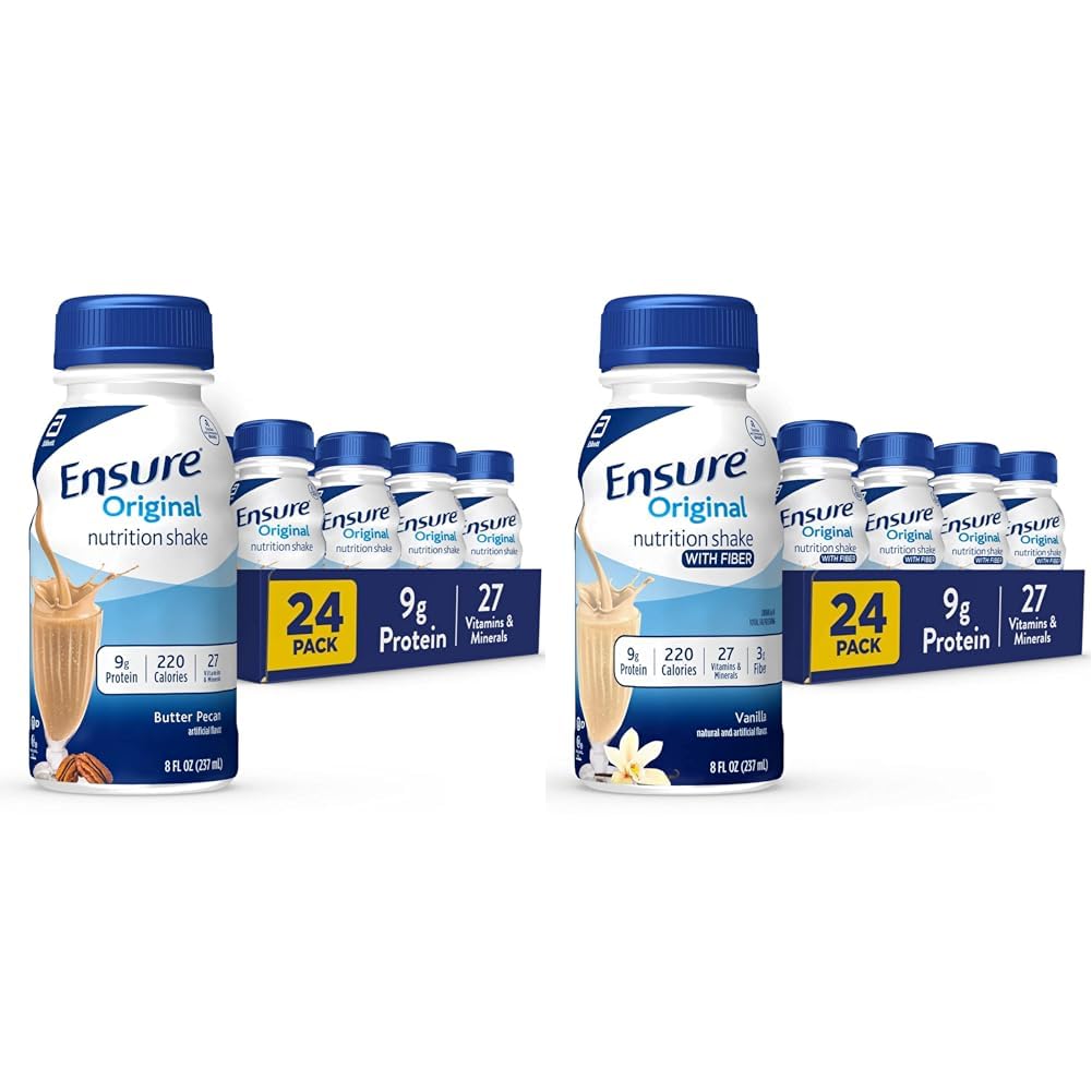 Ensure Original Butter Pecan Nutrition Shake | Meal Replacement Shake | 24 Pack & Ensure Original Vanilla Liquid Nutrition Shake With Fiber | gluten free Meal Replacement Shake | 24 Pack | Bottle