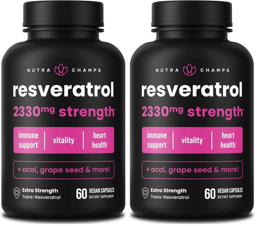 NutraChamps Resveratrol Supplement, Extra Strength Formula for Healthy Aging, Immune Support, 60 Vegan Capsules with Trans-Resveratrol, Green Tea Leaf, Acai Berry & Grape Seed Extract (Pack of 2)