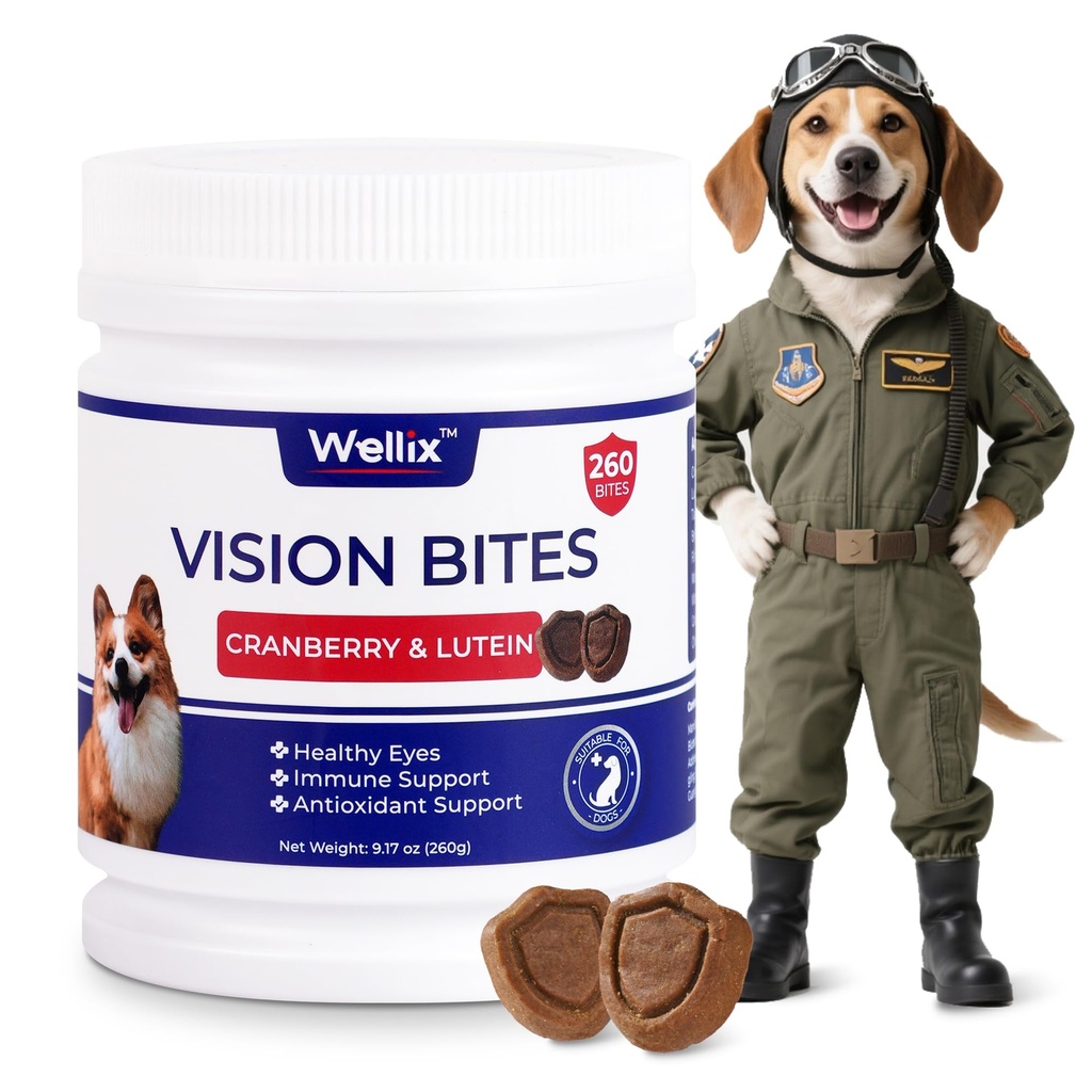 Wellix 260 Bites Vision Taurine for Dogs - Senior Eye Supplement with Cranberry, Lutein, Marshmallow Root, Vitamin - Tear Stain Remover for Puppy, Small Medium & Large Dogs