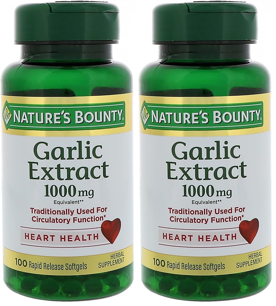 Nature's Bounty Garlic Extract 1000 mg, Promotes Heart Health and Cholesterol Support100 Rapid Release Softgels, Contains Soybean Oil, Gelatin, Vegetable Glycerin. (Pack of 2)