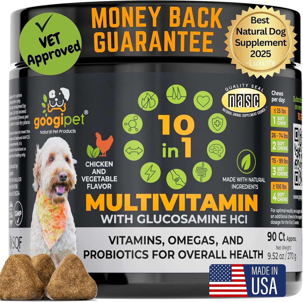 Googipet Premium 10 σε 1 Σκύλος Βιταμίνες Πολυβιταμίνη Μασώμενα με προβιοτικά για την υγεία των ούλων, βιταμίνες σκύλου και συμπληρώματα w/Vitamin C & Γλυκοζαμίνη για την κοινή υποστήριξη (Chicken & φυτική γεύση)