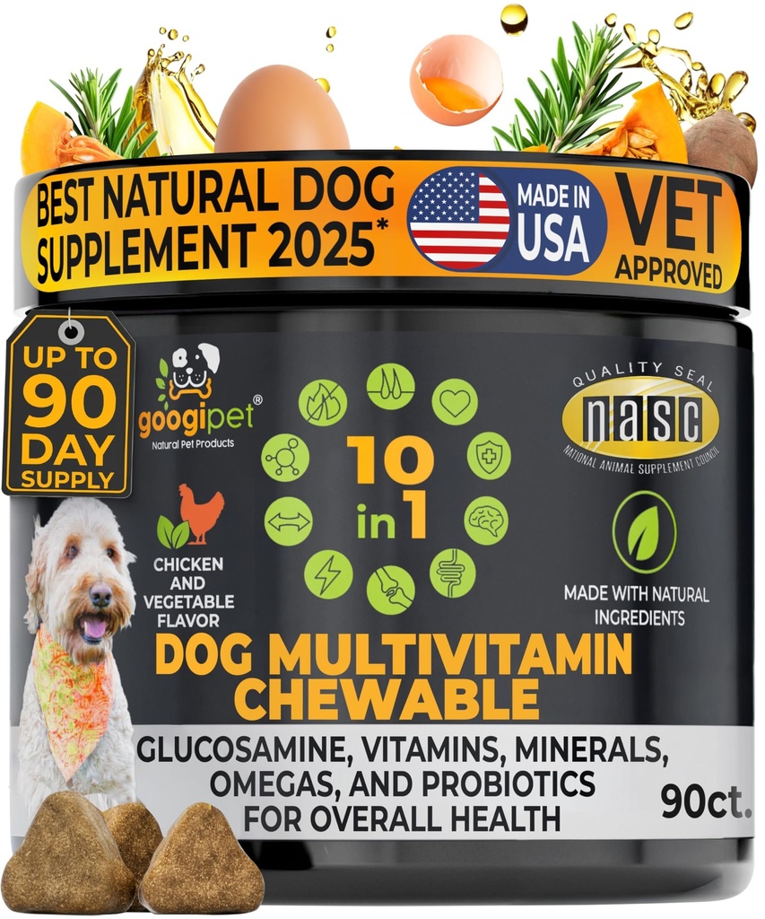 Googipet Premium 10 σε 1 Σκύλος Βιταμίνες Πολυβιταμίνη Μασώμενα με προβιοτικά για την υγεία των ούλων, βιταμίνες σκύλου και συμπληρώματα w/Vitamin C & Γλυκοζαμίνη για την κοινή υποστήριξη (Chicken & φυτική γεύση)