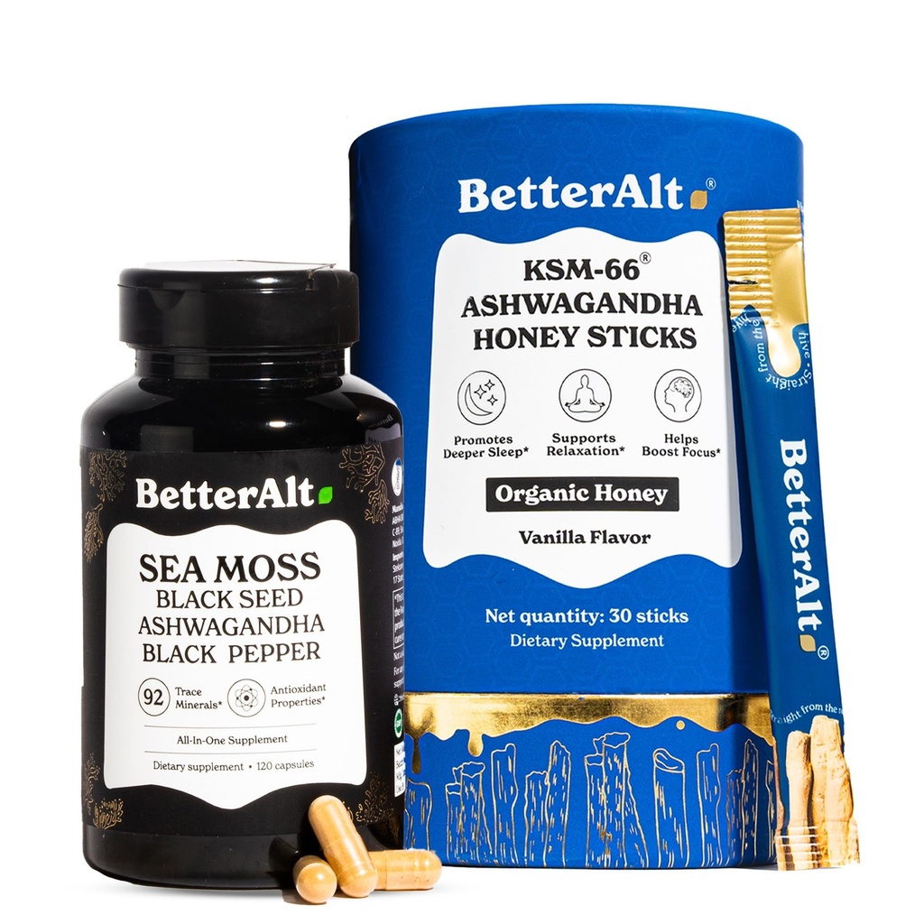 BetterAlt Ashwagandha Honey Sticks & Sea Moss Capsules | Organic Honey + Ayurvedic Sea Moss Blend with Ashwagandha, Black Pepper & Black Seed Oil | Energy, Focus & Stamina Support
