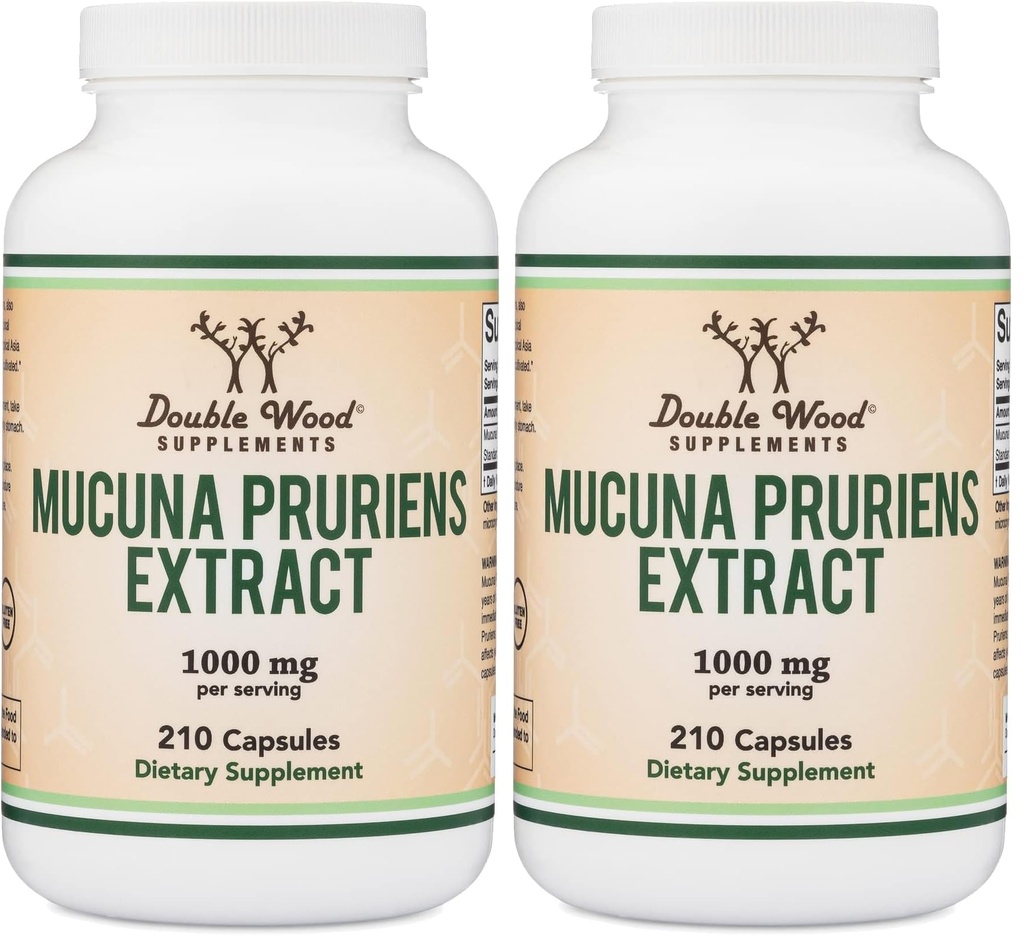 Mucuna Pruriens Extract Capsules - Dopamine Boosting Supplement - 210 Count, 1,000mg Per Serving, 20% (from Velvet Bean) (for Mood and Motivation Support) Third Party Tested by Double Wood (Pack of 2)