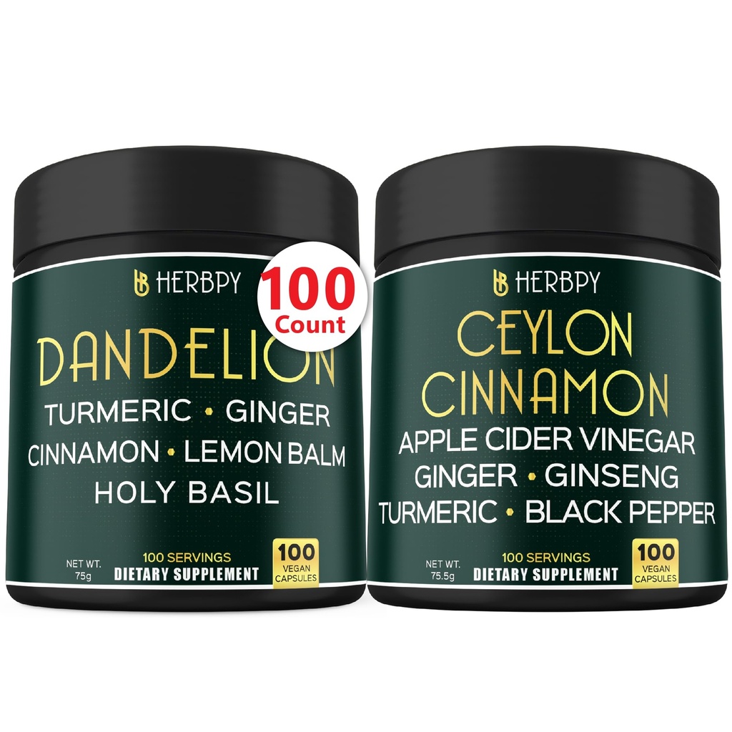 Herbpy Bundle 6in1 Dandelion Root Supplement 750mg/serving (100 Capsules) & 6in1 Premium Ceylon Cinnamon Capsules 755mg/serving (100 Capsules)