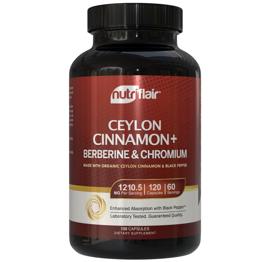 NutriFlair Ceylon Cinnamon, Berberine, Chromium 1200mg, 120 Capsules | Premium Botanical Blend, High Potency Formula, Non-GMO, Third Party Tested. Contains Berberine HCl