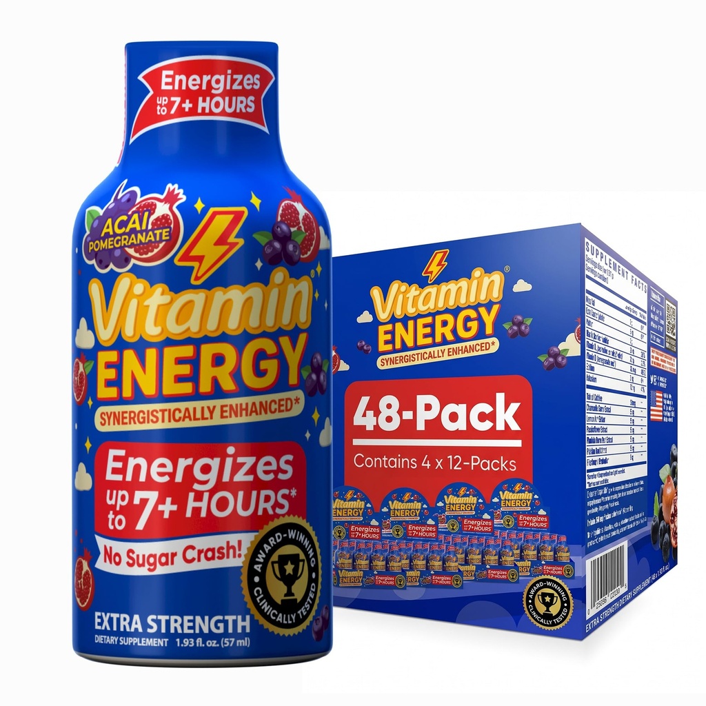 Vitamin Energy Burner+ Extra Strength Energy Shot Acai Pomegranate 48 Pack, 260mg Natural Caffeine, 25mg Ketones, Green Tea, EGCG, Metabolism, Endurance, Zero Sugar, Gluten-Free, Vegan, 1.93 fl oz