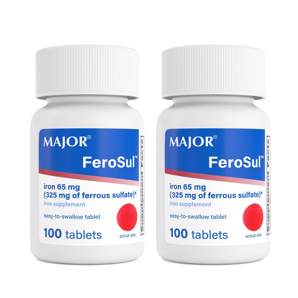 Major Ferosul - Ferrous Sulfate 325mg Tablets with 65mg of Elemental Iron - Iron Supplement for Women, Men - Red - 100 Count (2 Pack)