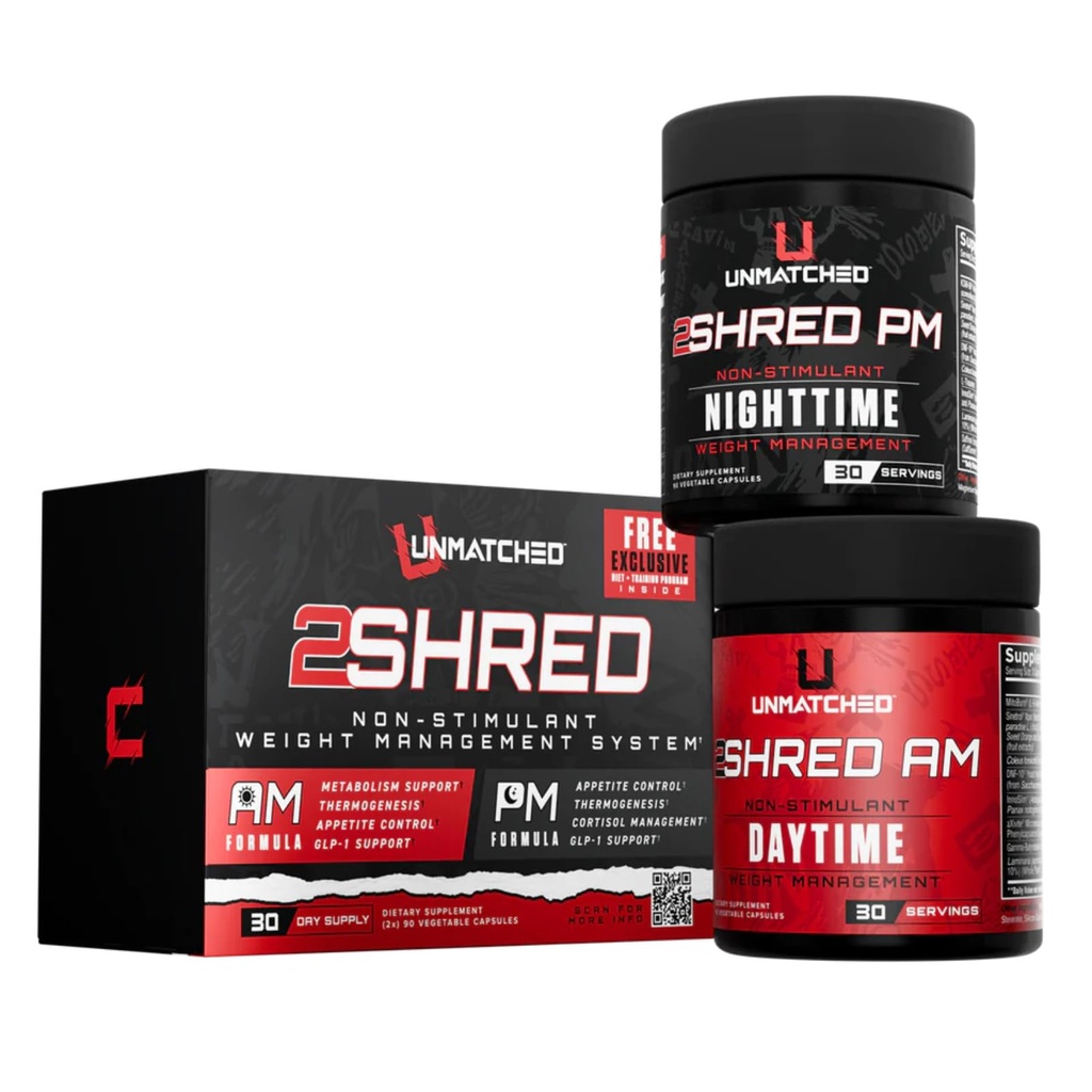 Unmatched 2Shred AM + PM | Non Stimulant Weight Management System | Thermogenesis, Fat Burning, & Appetite Control | 180 Vegetable Capsules, 30 Day Supply