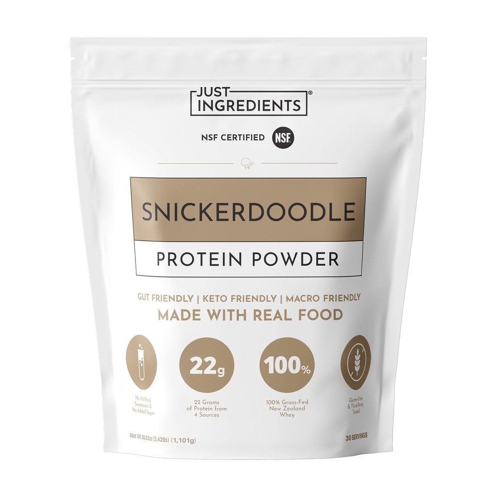 JUST INGREDIENTS Snickerdoodle Protein Powder - Grass-Fed Whey, Plant Proteins, Cinnamon Vanilla - 30 Servings
