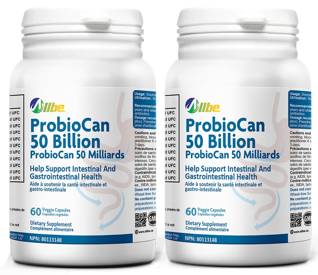 Allbe ProbioCan - Probiotic 50 Billion CFU (60 Servings), 11 Strains of Lactobacillus & Bifidobacteria, Supports Digestive Health & Immune Function, Probiotics for Women & Men - Pack of 2