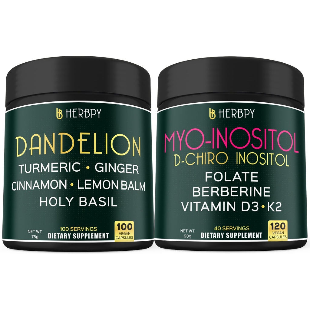 Herbpy Bundle 6in1 Dandelion Root Supplement 750mg/serving (100 Count 100 Servings) & 6in1 Myo-inositol & D-Chiro Inositol Supplement 2250mg/serving (120 Count 40 Servings)