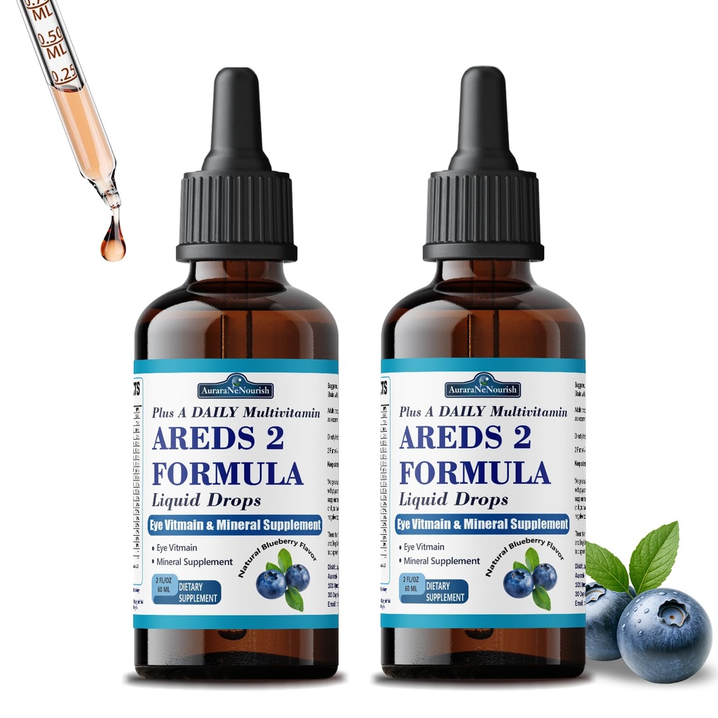 2 Packs AREDS 2 + Formula Liquid Drops for Macular Health, 22-in-1 Eye Vitamin & Mineral Supplement w. Lutein and Zeaxanthin, Copper, Zinc, Vitamin C & E, 60-Day Supply