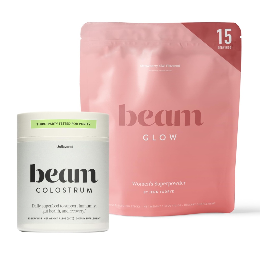 BEAM Glow + Colostrum Powder Bundle – Beauty and Gut Health Superfood Duo for Radiant Skin, Healthy Hair, Immune Support, Digestive Balance, Hydration, and Daily Wellness from Within
