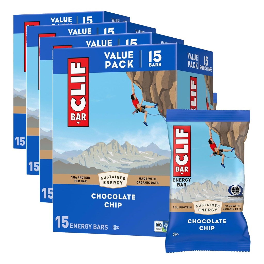 CLIF BAR - Energy Protein Bars - Chocolate Chip - Made with Organic Oats - Energy Bars - Non-GMO - 15 Count, (Pack of 4)