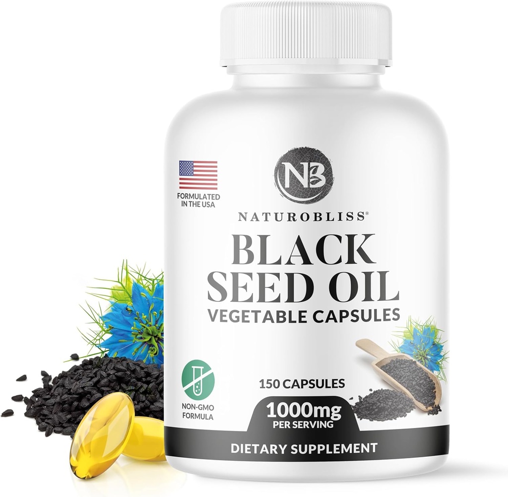 NaturoBliss Black Seed Oil - 150 κάψουλες Softgel Skin Health (Non-GMO & Vegan) Premium Ψυχρό-Press Nigella Sativa Παραγωγή Αμιγούς Μαύρου Λαδιού Κύμινου - 1000mg ανά 2 κάψουλες Σερβίρισμα - 75 Σερβιέτες