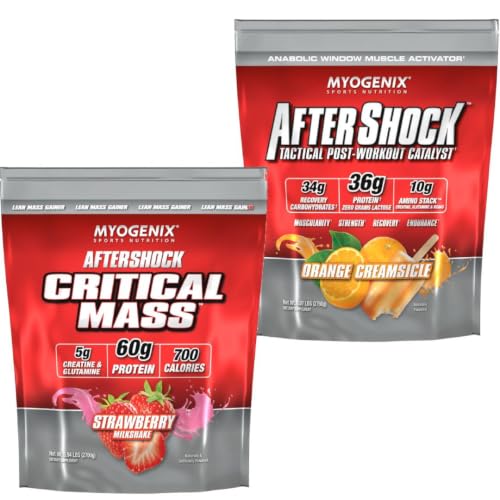 Myogenix Critical Mass Strawberry 5 lbs and Aftershock Orange Creamsicle 6 lbs – Critical Mass: Whey Protein Powder, Creatine & Glutamine – Aftershock: Recovery Carbohydrates, Protein Powder, & Aminos