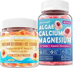 NEVISS Vitamin D3 5000IU + K2 (MK-7) 120mcg + Calcium Supplement 600mg, Algae Calcium Magnesium 2:1