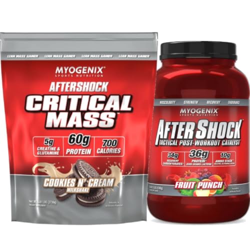 Myogenix Critical Mass Cookies & Cream and Aftershock Fruit Punch 3 lbs – Critical Mass: Whey Protein Powder, Creatine & Glutamine – Aftershock: Recovery Carbohydrates, Protein Powder, & Aminos Stack
