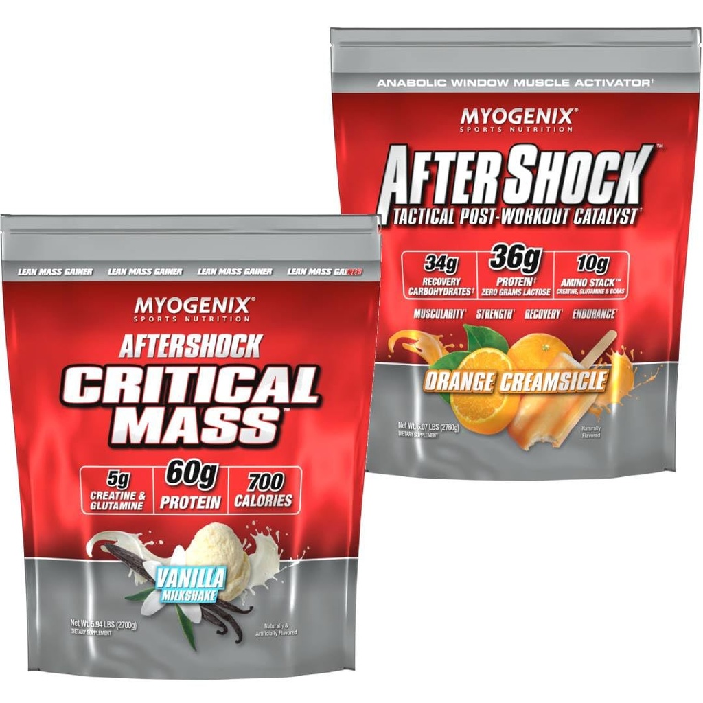 Myogenix Critical Mass Vanilla 5lbs & Aftershock Orange Creamsicle 6 lbs – Critical Mass: Whey Protein Powder, Creatine & Glutamine – Aftershock: Recovery Carbohydrates, Protein Powder, & Aminos Stack