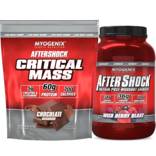 Myogenix Critical Mass Chocolate 5 lbs & Aftershock Wildberry Blast 3 lbs – Critical Mass: Whey Protein Powder, Creatine & Glutamine – Aftershock Recovery Carbohydrates, Protein Powder, & Aminos Stack