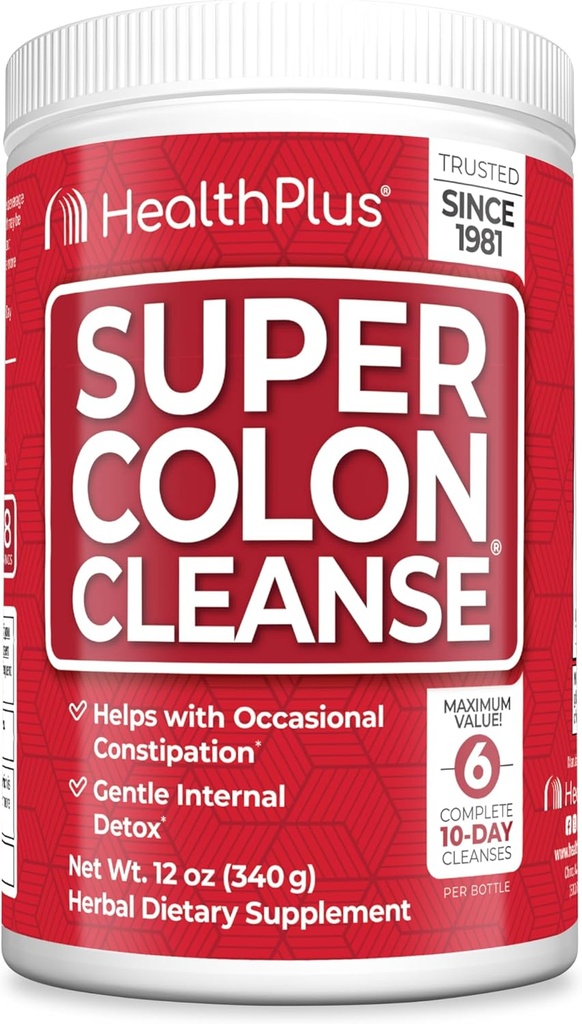 Health Plus Super Colon Cleanse, 12 oz Powder, 68 Servings - Natural Detox, Digestive Constipation Relief, Gentle Gut Cleanse with Psyllium Husk & Senna Leaf
