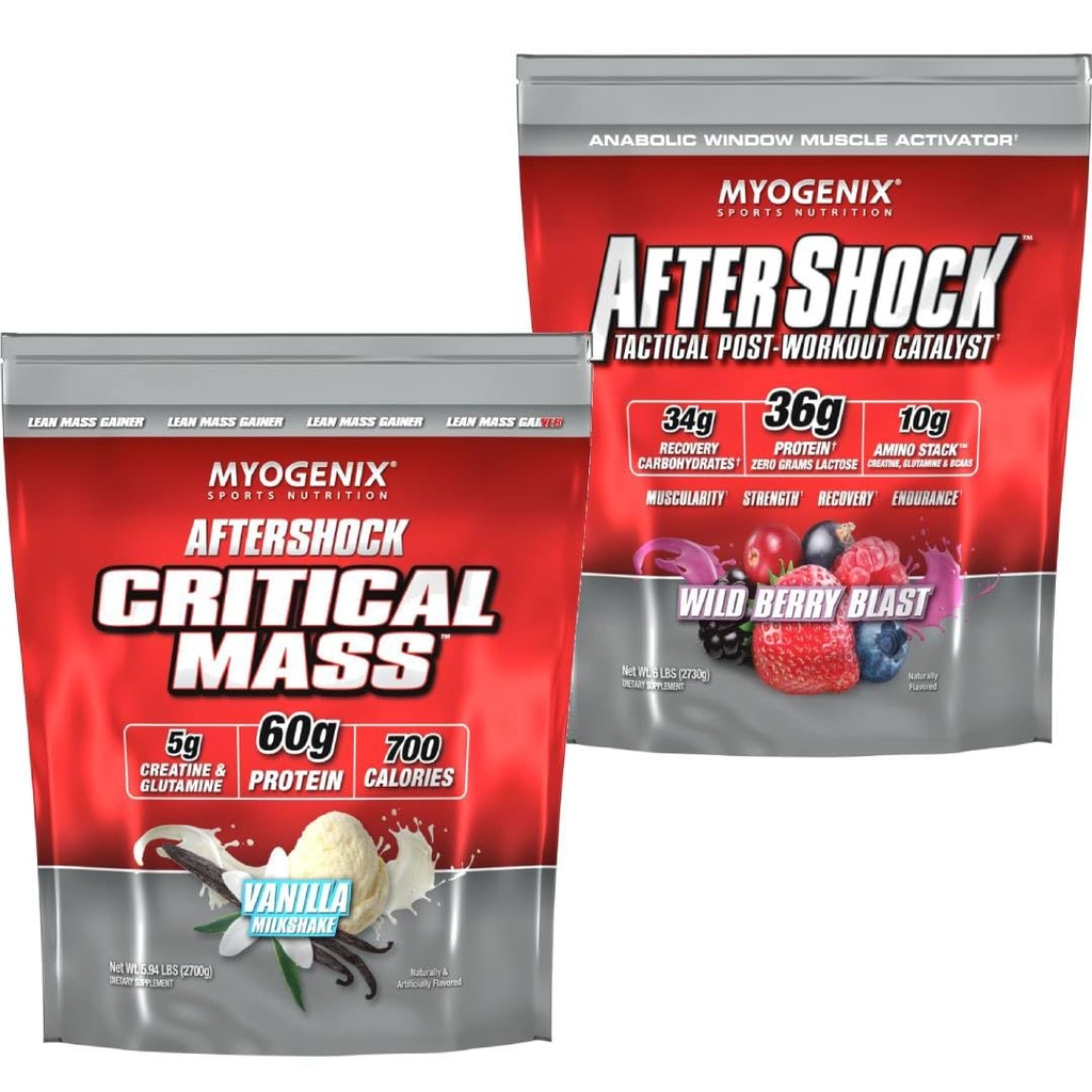 Myogenix Critical Mass Vanilla 5lbs & Aftershock Wildberry Blast 6 lbs – Critical Mass: Whey Protein Powder, Creatine & Glutamine – Aftershock: Recovery Carbohydrates, Protein Powder, & Aminos Stack