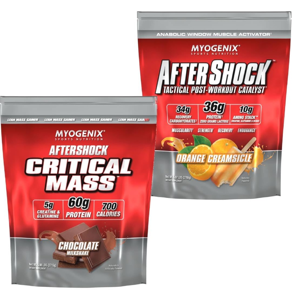 Myogenix Critical Mass Chocolate 5 lbs & Aftershock Orange Creamsicle 6 lbs – Critical Mass: Whey Protein Powder, Creatine & Glutamine – Aftershock: Recovery Carbs, Protein Powder & Aminos Stack