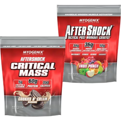 Myogenix Critical Mass Cookies & Cream and Aftershock Wildberry Blast 6 lbs – Critical Mass: Whey Protein Powder, Creatine & Glutamine – Aftershock: Recovery Carbohydrates, Protein Powder, & Aminos
