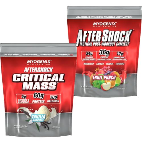 Myogenix Critical Mass Vanilla 5lbs & Aftershock Fruit Punch 6 lbs – Critical Mass: Whey Protein Powder, Creatine & Glutamine – Aftershock: Recovery Carbohydrates, Protein Powder, & Aminos Stack