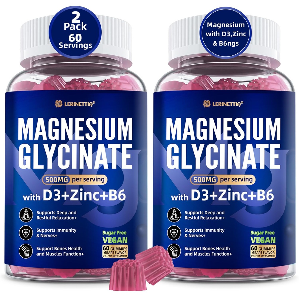 Γλυκινικό μαγνήσιο 500mg/250mg για ενήλικες εφήβους - Plus D3,B6 & ψευδάργυρος - Γλυκινικό μαγνήσιο Gummies, Υψηλή απορρόφηση - Υποστήριξη για χαλάρωση,Brain,Bone & Ανοσία Υγεία - Χωρίς ζάχαρη - 120Cts